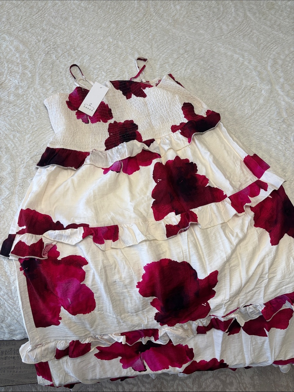 White Casual Tiered Dress with Magenta Floral Print 🔥